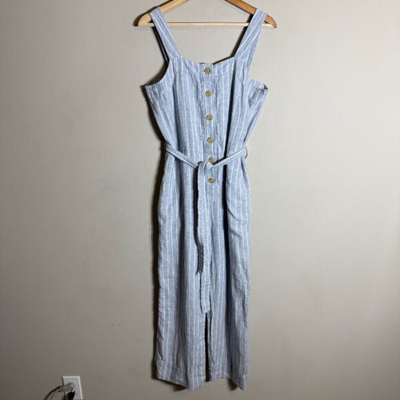 Everlane Linen Striped Button Up Jumpsuit Women's 4 Blue Tie Waist Boho Coastal - Picture 6 of 16